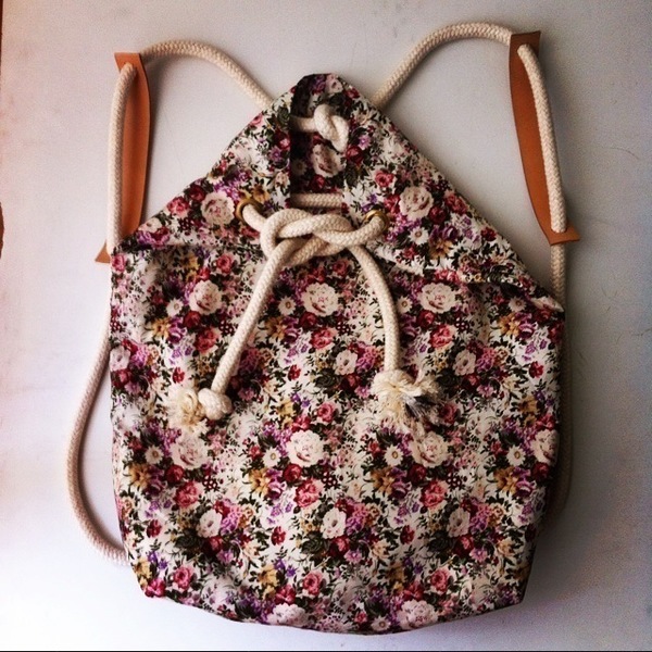 floral _blobackpack (σακίδιο από ύφασμα) - δέρμα, ύφασμα, fashion, καλοκαιρινό, σακίδια πλάτης, κορδόνια
