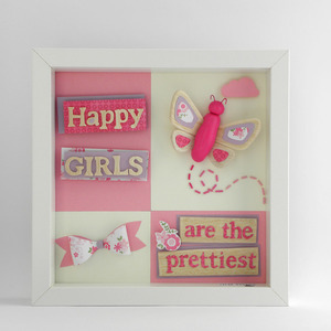 Καδράκι "Happy Girls" - διακοσμητικό, ξύλο, πίνακες & κάδρα, κορίτσι, χαρτί, λουλούδια, πηλός, χειροποίητα, πεταλούδα, δώρα για βάπτιση, δωμάτιο, personalised, για παιδιά, παιδικά κάδρα