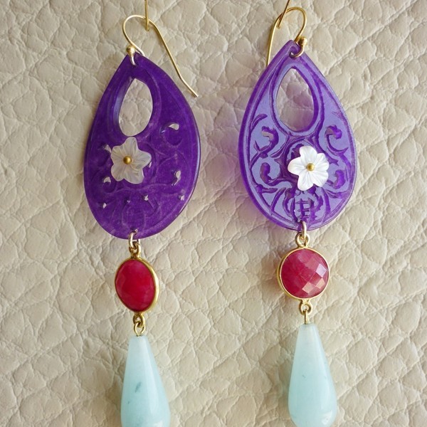 Purple jade ethnic earrings - αχάτης, φίλντισι, επιχρυσωμένα, νεφρίτης, boho, ethnic