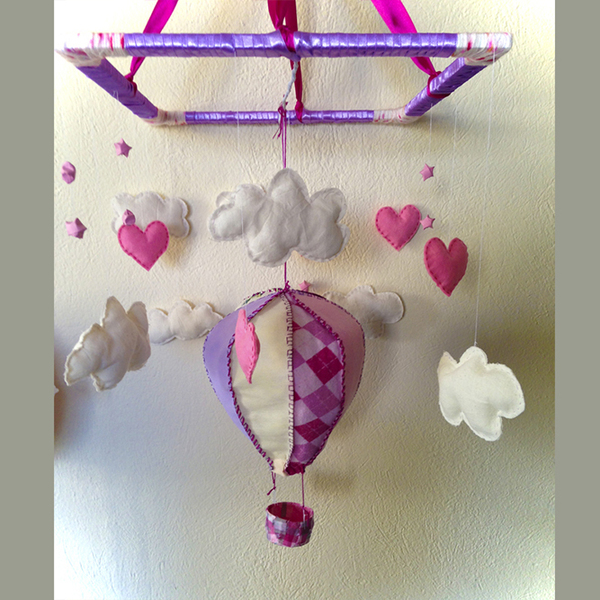 Αερόστατο με συννεφάκια - κρεμαστή κατασκευή (mobile) για το παιδικό δωμάτιο - ύφασμα, handmade, κορίτσι, δώρο, χειροποίητα