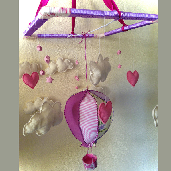 Αερόστατο με συννεφάκια - κρεμαστή κατασκευή (mobile) για το παιδικό δωμάτιο - ύφασμα, handmade, κορίτσι, δώρο, χειροποίητα - 2
