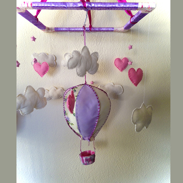 Αερόστατο με συννεφάκια - κρεμαστή κατασκευή (mobile) για το παιδικό δωμάτιο - ύφασμα, handmade, κορίτσι, δώρο, χειροποίητα - 2