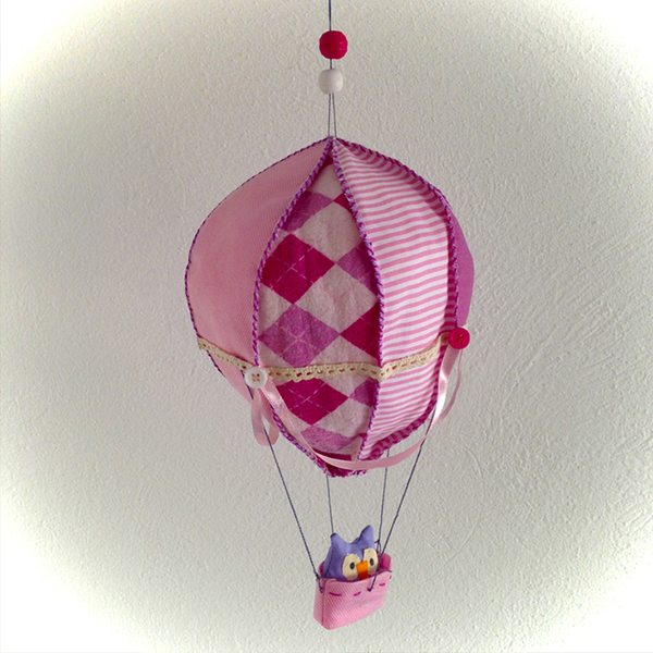 Ροζ αερόστατο - κρεμαστή κατασκευή (mobile) - ύφασμα, handmade, κορίτσι, χειροποίητα, για παιδιά