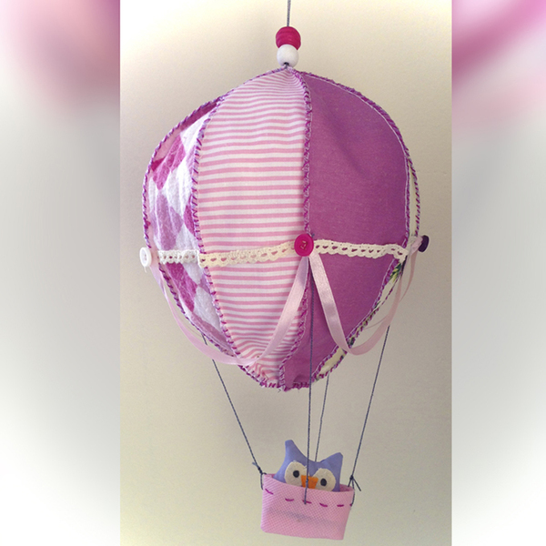 Ροζ αερόστατο - κρεμαστή κατασκευή (mobile) - ύφασμα, handmade, κορίτσι, χειροποίητα, για παιδιά - 2