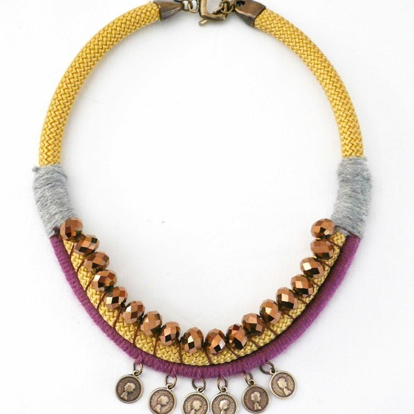 Bohemia Necklace - statement, design, κρύσταλλα, μέταλλο, κορδόνια, χειροποίητα, χάντρες, κοντό, boho, φλουριά, Black Friday - 4