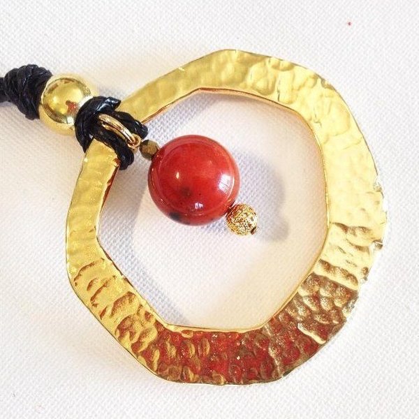 LARA ART "Red point" necklace - δέρμα, handmade, fashion, γυναικεία, πέτρα, επιχρυσωμένα, χειροποίητα, μακριά - 2