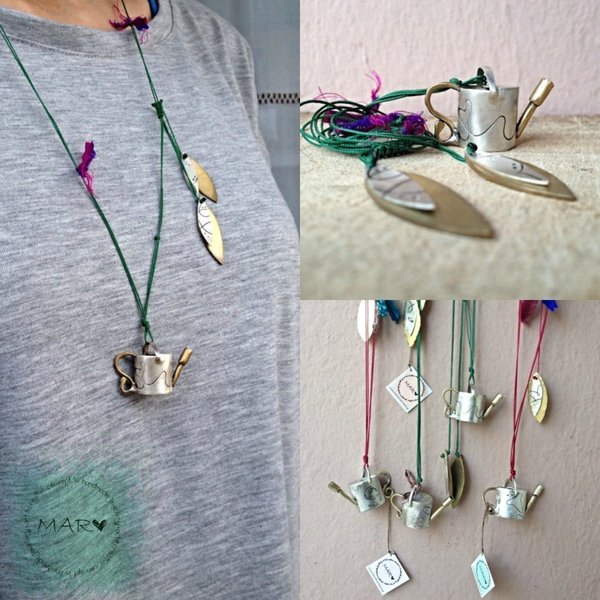 Watering Can Necklace| Ποτιστήρι Μενταγιόν| Ασήμι 925 - μετάξι, chic, handmade, ασήμι 925, λουλούδια, κορδόνια, χειροποίητα, romantic, μπρούντζος, κρεμαστά - 2