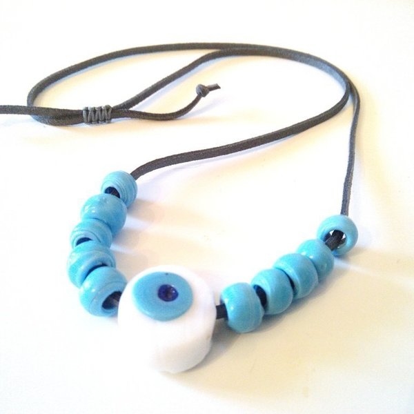 Tengri white glass eye necklace - γυαλί, κορδόνια, μάτι, χάντρες