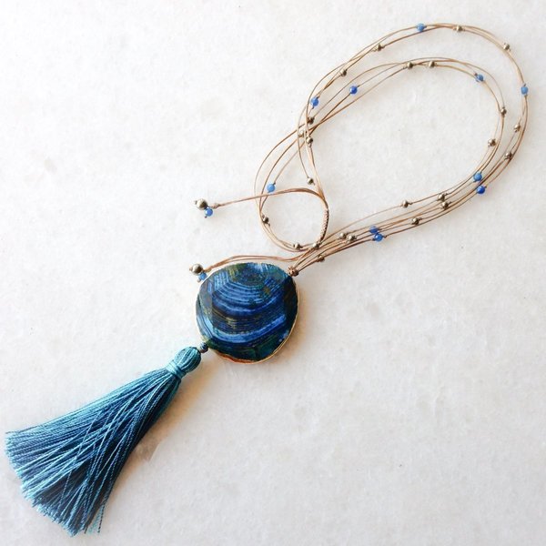 Jasper pendant with turquoise tassel - μετάξι, πολύχρωμο, κερωμένα κορδόνια, μοναδικό, νεφρίτης, μακρύ, boho, ethnic - 2