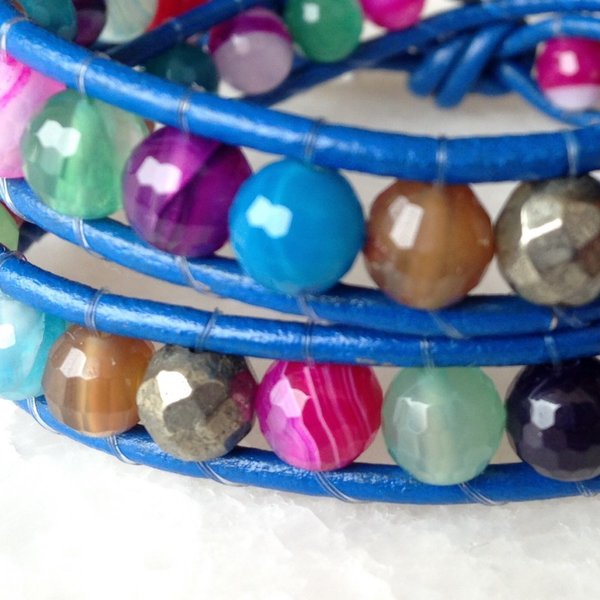 Double leather wrap bracelet with multicolour semi precious stones & silver 925 - δέρμα, ημιπολύτιμες πέτρες, αχάτης, πολύχρωμο, μοναδικό, ασήμι 925, ανοιξιάτικο, boho, ethnic - 3
