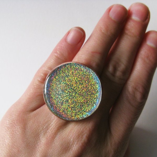 Μεγάλο holographic Δαχτυλίδι - γυαλί, μέταλλο, γεωμετρικά σχέδια - 2