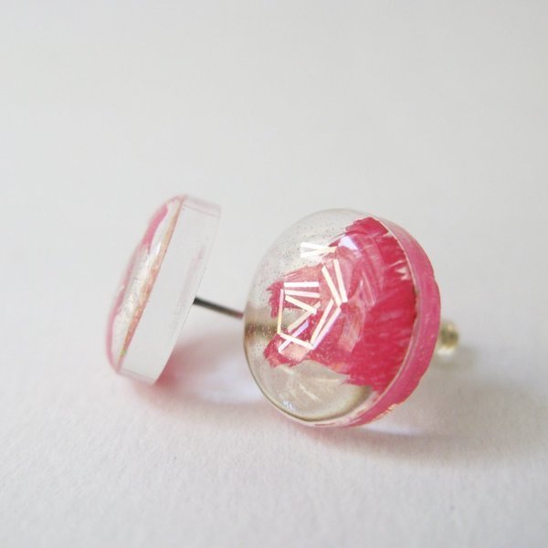 Διάφανα-ροζ σκουλαρικάκια καρφωτά 15χιλ. με χρυσόσκονη holographic - γυαλί, ζωγραφισμένα στο χέρι, μοναδικό, γκλίτερ, ακρυλικό, χειροποίητα, plexi glass - 2