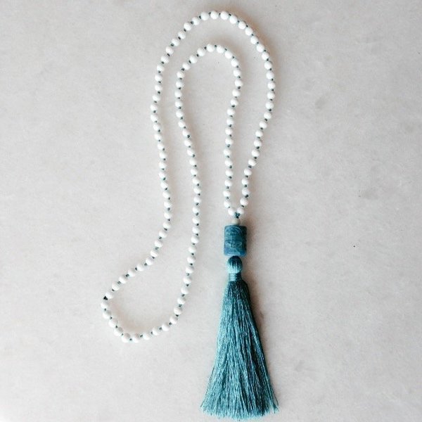Turquoise tassel necklace with white onyx & blue agate - μετάξι, αχάτης, handmade, κερωμένα κορδόνια, μοναδικό, μακρύ, όνυχας, χειροποίητα, boho, ethnic - 2