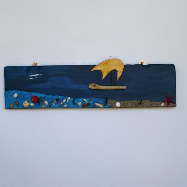 Κρεμάστρα τοίχου: Θάλασσα με καράβι - ξύλο, ιδιαίτερο, μέταλλο, χειροποίητα, κρεμαστά, βότσαλα