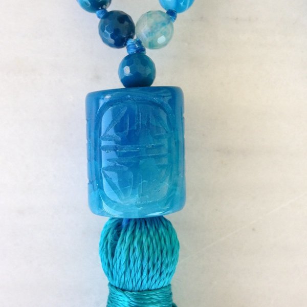 Blue agate tassel necklace - μετάξι, αχάτης, chic, handmade, κερωμένα κορδόνια, μοναδικό, χειροποίητα, boho - 2
