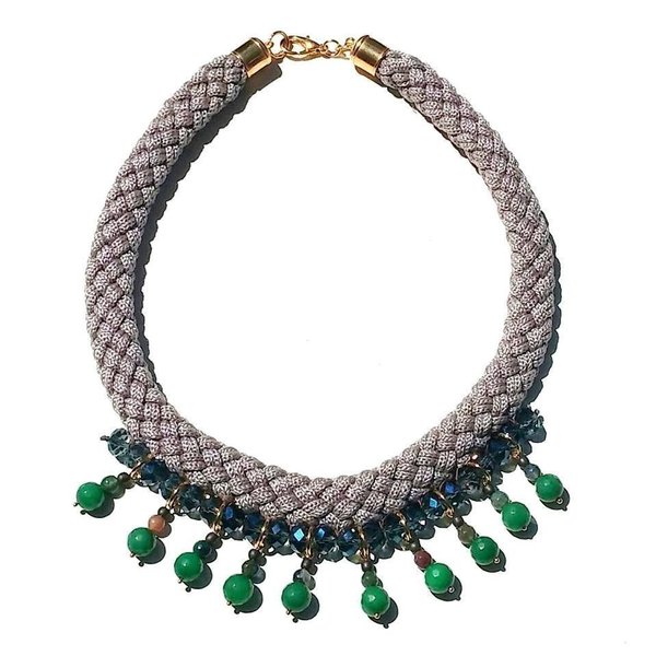 Regina necklace, κολιε με ημιπολυτιμες πετρες - statement, ημιπολύτιμες πέτρες, αχάτης, chic, handmade, fashion, design, γυναικεία, νεφρίτης, κρύσταλλα, στυλ, αιματίτης, κορδόνια, χειροποίητα, χάντρες - 2