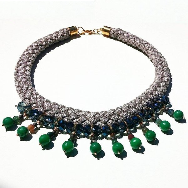 Regina necklace, κολιε με ημιπολυτιμες πετρες - statement, ημιπολύτιμες πέτρες, αχάτης, chic, handmade, fashion, design, γυναικεία, νεφρίτης, κρύσταλλα, στυλ, αιματίτης, κορδόνια, χειροποίητα, χάντρες - 3