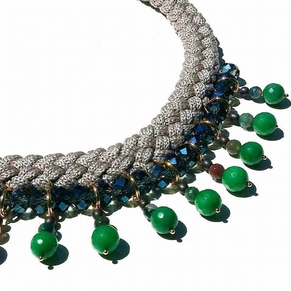 Regina necklace, κολιε με ημιπολυτιμες πετρες - statement, ημιπολύτιμες πέτρες, αχάτης, chic, handmade, fashion, design, γυναικεία, νεφρίτης, κρύσταλλα, στυλ, αιματίτης, κορδόνια, χειροποίητα, χάντρες - 4