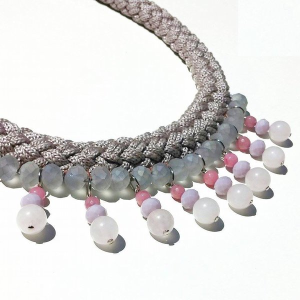 Regina necklace, κολιε με ημιπολυτιμες πετρες - statement, ημιπολύτιμες πέτρες, αχάτης, chic, handmade, fashion, design, γυναικεία, νεφρίτης, κρύσταλλα, στυλ, αιματίτης, κορδόνια, χειροποίητα, χάντρες - 5