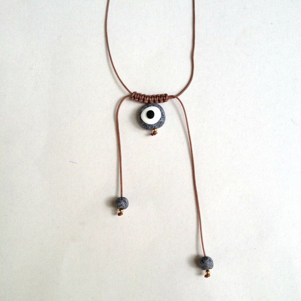 Simple macrame evil eye necklace - chic, πηλός, κορδόνια, χειροποίητα, μάτι - 2