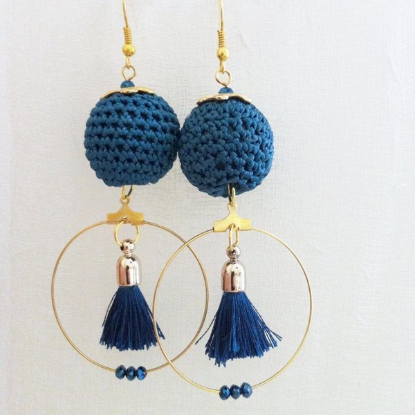 Crochet Earrings - ύφασμα, design, κρύσταλλα - 2
