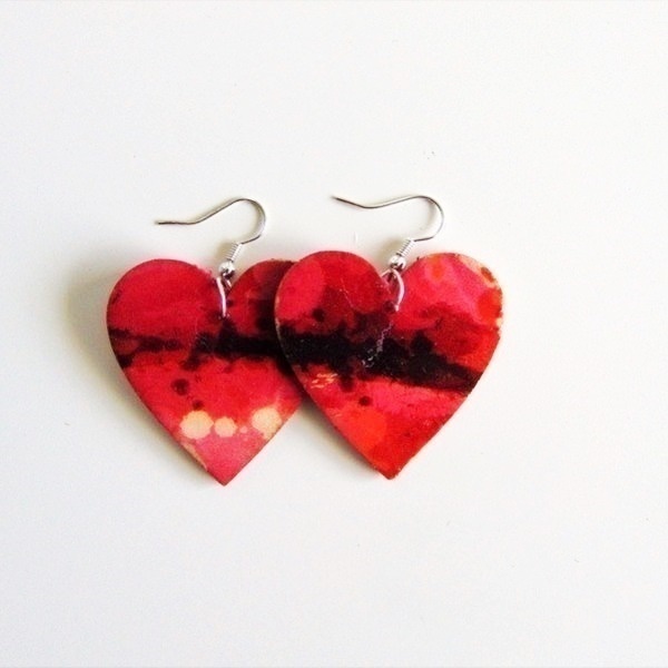 Σκουλαρίκια ξύλινα ''Κόκκινες καρδιές'' - handmade, ξύλο, γυαλί, γυναικεία, καρδιά, κορίτσι, σκουλαρίκια, χειροποίητα, romantic, σε αγαπώ, ερωτευμένοι