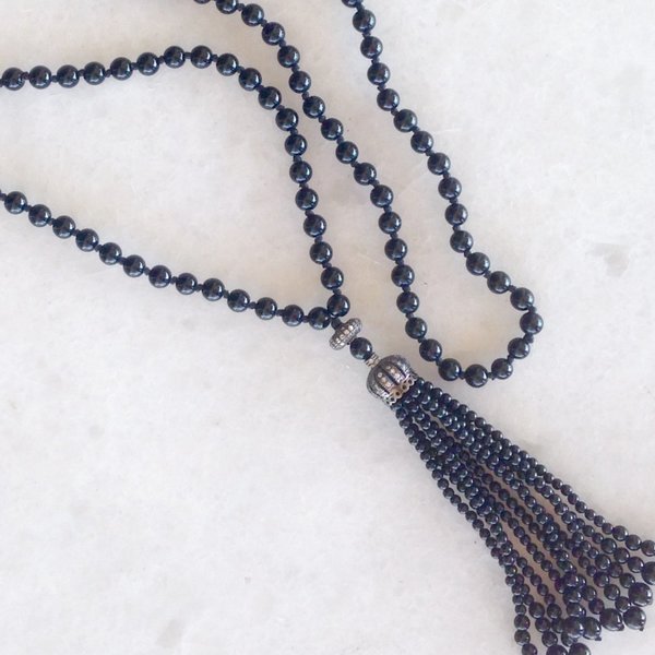 Beaded Tassel Necklace with Black Onyx - chic, handmade, fashion, κερωμένα κορδόνια, επιχρυσωμένα, όνυχας, χειροποίητα