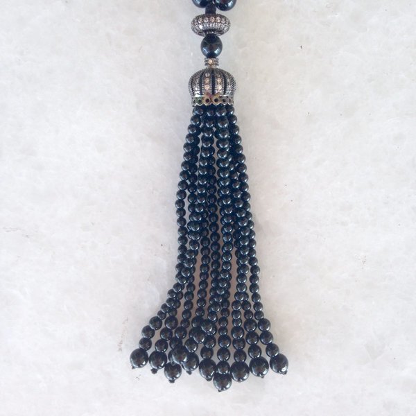 Beaded Tassel Necklace with Black Onyx - chic, handmade, fashion, κερωμένα κορδόνια, επιχρυσωμένα, όνυχας, χειροποίητα - 2