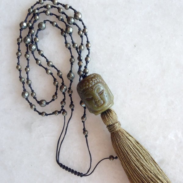 Jade Buddha necklace with gold pyrite & antique gold tassel - chic, handmade, fashion, δώρο, χειροποίητα, boho