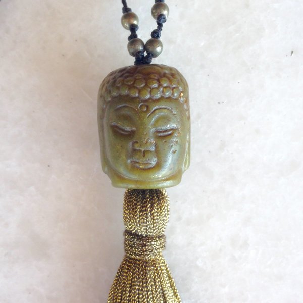 Jade Buddha necklace with gold pyrite & antique gold tassel - chic, handmade, fashion, δώρο, χειροποίητα, boho - 2