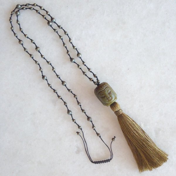 Jade Buddha necklace with gold pyrite & antique gold tassel - chic, handmade, fashion, δώρο, χειροποίητα, boho - 2