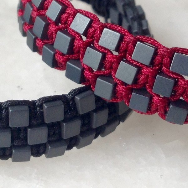 Triple macrame bracelet with hematite cubes - handmade, μοναδικό, αιματίτης, κορδόνια, χειροποίητα, boho - 3