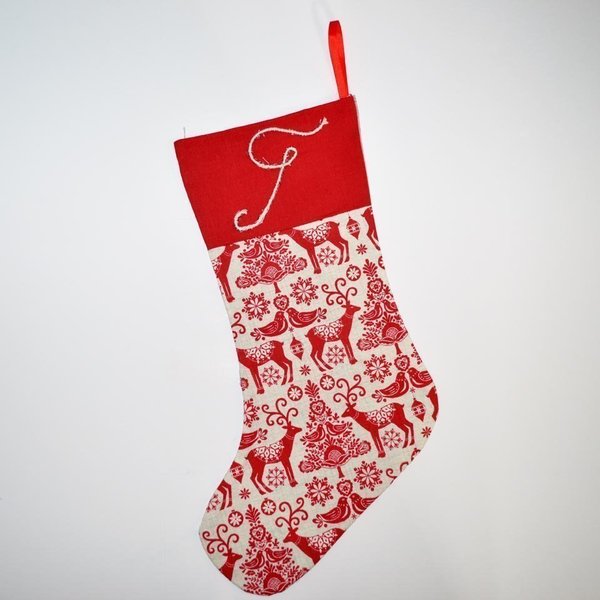 Χριστουγεννιάτικη κάλτσα με μονόγραμμα - ύφασμα, βαμβάκι, customized