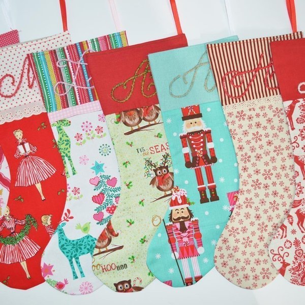 Χριστουγεννιάτικη κάλτσα με μονόγραμμα - ύφασμα, βαμβάκι, customized - 3