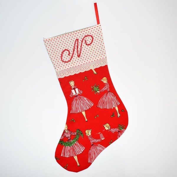 Χριστουγεννιάτικη κάλτσα με μονόγραμμα - ύφασμα, βαμβάκι, κορίτσι, δώρο, customized, όνομα - μονόγραμμα, personalised, χριστουγεννιάτικο, για παιδιά