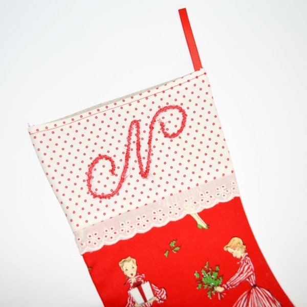 Χριστουγεννιάτικη κάλτσα με μονόγραμμα - ύφασμα, βαμβάκι, κορίτσι, δώρο, customized, όνομα - μονόγραμμα, personalised, χριστουγεννιάτικο, για παιδιά - 2