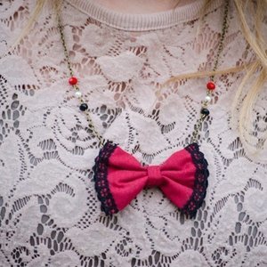 All you need is Red Necklace - ύφασμα, ύφασμα, φιόγκος, fashion, δαντέλα, vintage, χειροποίητα, romantic, μακριά, κρεμαστά - 3