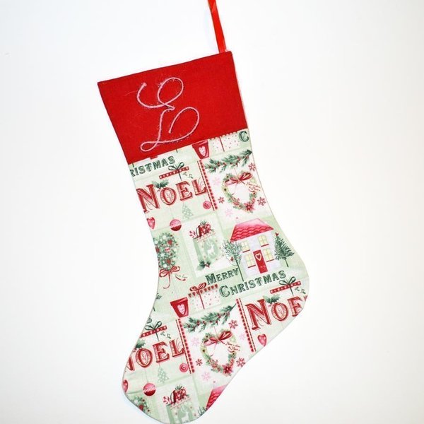 Χριστουγεννιάτικη κάλτσα με μονόγραμμα - ύφασμα, βαμβάκι, διακοσμητικό, δώρο, customized, decor, όνομα - μονόγραμμα, στολίδι, δώρα, personalised, χριστουγεννιάτικο, διακοσμητικά, μπάλες