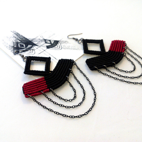 Μακραμέ μαύρα σκουλαρίκια - Isadora earrings - statement, αλυσίδες, βραδυνά, κορδόνια, γεωμετρικά σχέδια, χειροποίητα, boho, rock, κρεμαστά - 2