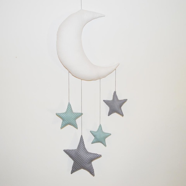 Μόμπιλε Φεγγάρι με αστέρια - ύφασμα, βαμβάκι, handmade, διακοσμητικό, παιχνίδι, αστέρι, δώρο, φεγγάρι, χειροποίητα, δώρα για βάπτιση, δωμάτιο, παιδί, βρεφικά, κρεμαστά, για παιδιά - 2