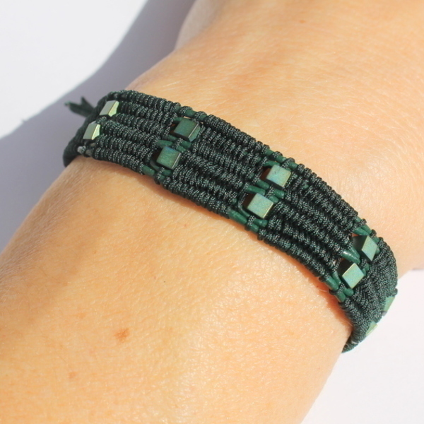Green cord & hematite bracelet - δέρμα, αιματίτης, κορδόνια, χειροποίητα - 3