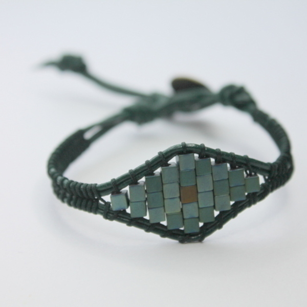 Green diamond shape bracelet - δέρμα, αιματίτης, χειροποίητα - 2