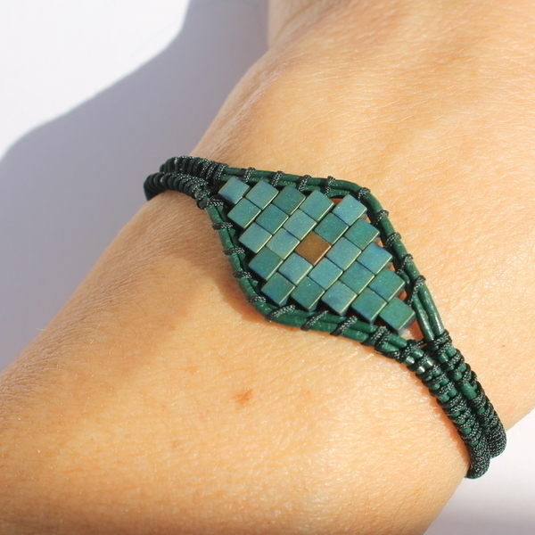 Green diamond shape bracelet - δέρμα, αιματίτης, χειροποίητα - 3