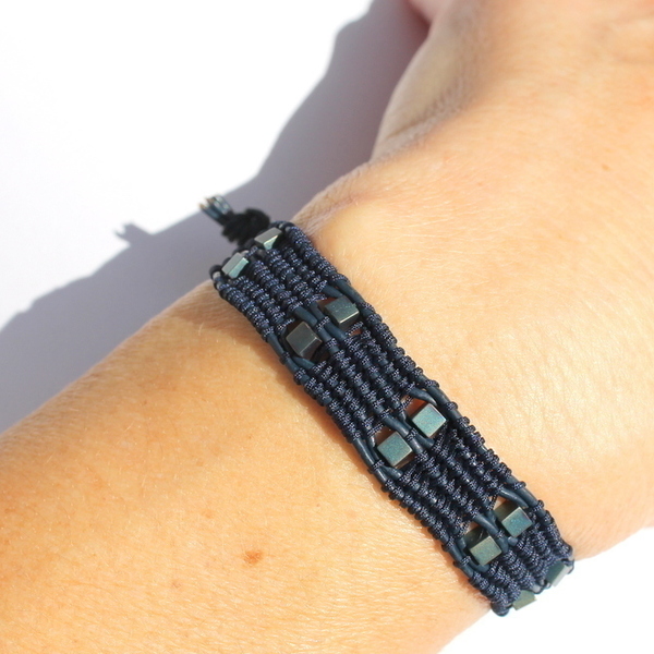Blue cord & hematite bracelet - δέρμα, κορδόνια, χειροποίητα - 4