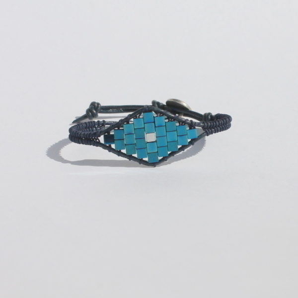 Blue diamond shape bracelet - δέρμα, αιματίτης, χειροποίητα - 2