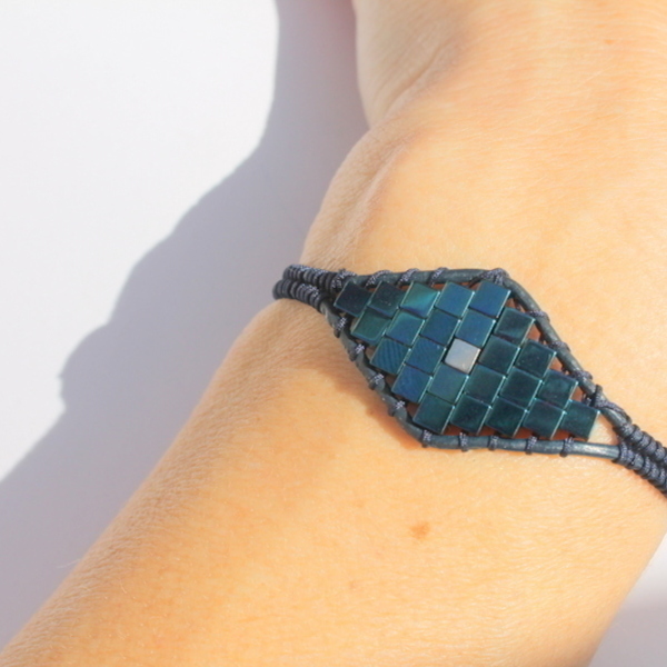Blue diamond shape bracelet - δέρμα, αιματίτης, χειροποίητα - 3