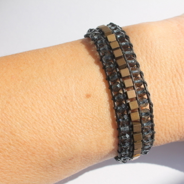 Black hematite bracelet - δέρμα, αιματίτης, χειροποίητα, χάντρες - 4