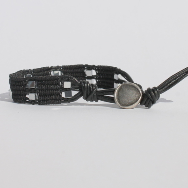 Black cord & hematite bracelet - δέρμα, αιματίτης, χειροποίητα - 3