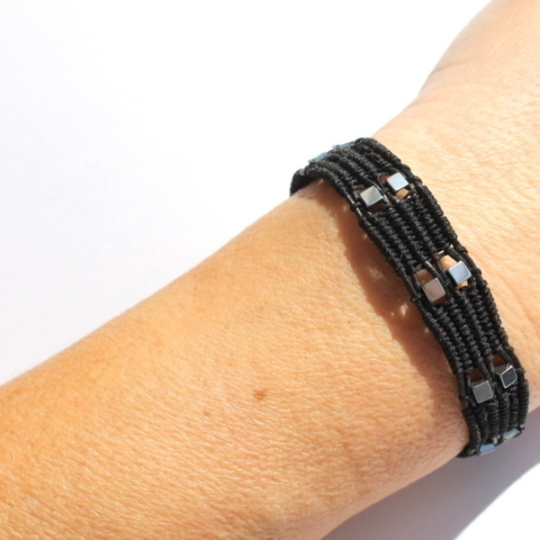 Black cord & hematite bracelet - δέρμα, αιματίτης, χειροποίητα - 4