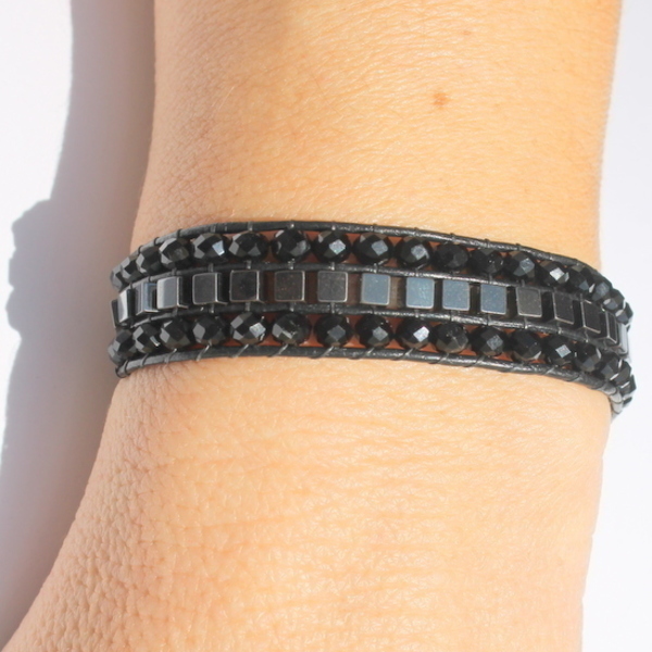 Black 2 hematite bracelet - δέρμα, αιματίτης, χειροποίητα - 4